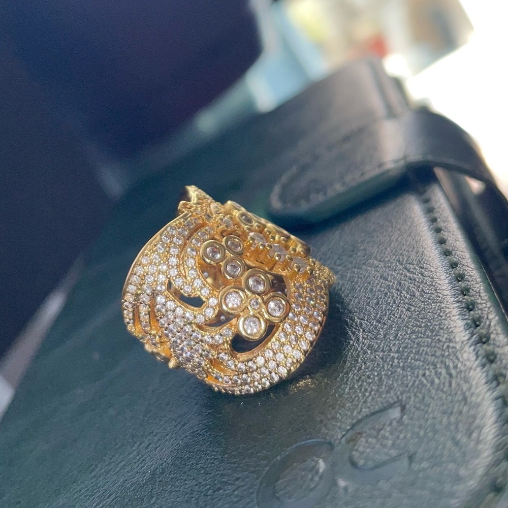 Gold Ring with Intricate Designs and Swavorski crystals. Does not tarnish